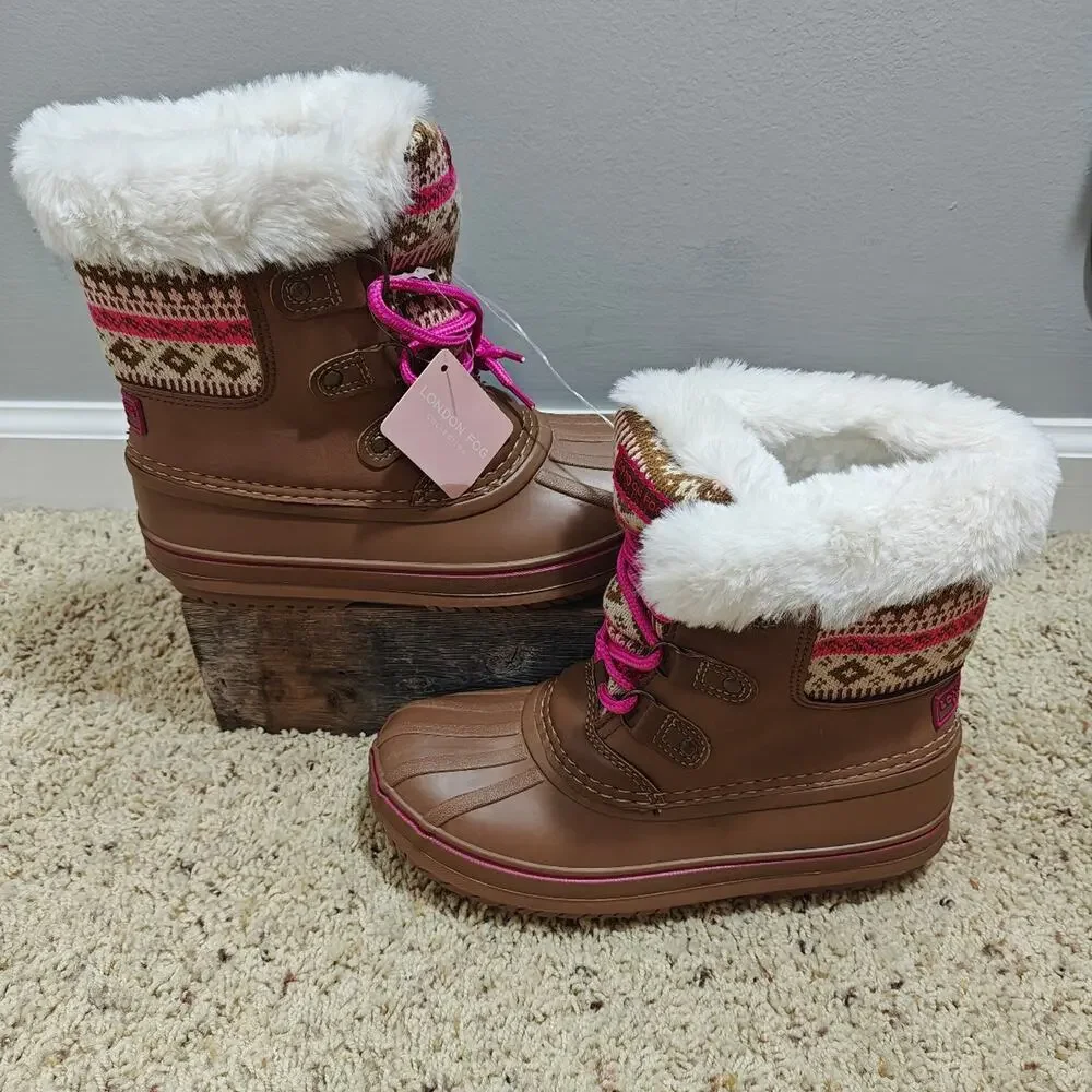 New London Fog Girls Tottenham Snow Boots Size 3 Brown Pink Faux Fur